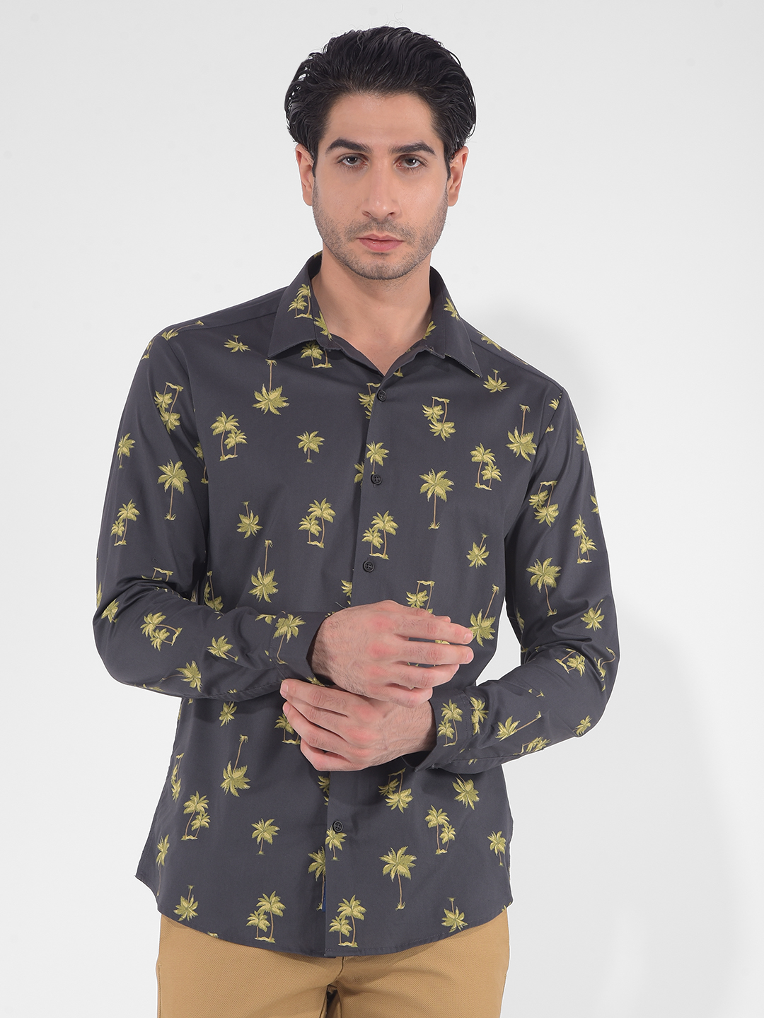 Numero Uno Men Tropical Print Dark Grey Shirt